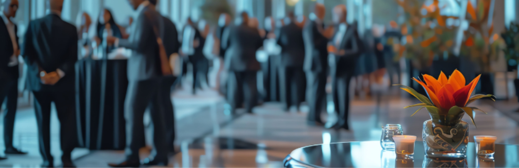 Business-Empfang mit elegant gekleideten Gästen in festlich dekorierter Location – Fokus auf Blumendekoration im Vordergrund